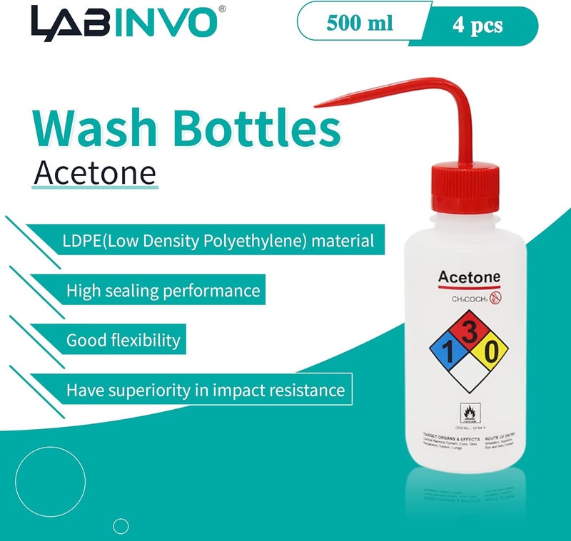 LINVO 4pcs of Acetone Wash Bottles, Vol.500ml (17oz), Narrow Mouth, Self-Venting Safety Wash Bottles, LDPE Material, IN-WBA500 - Image 1